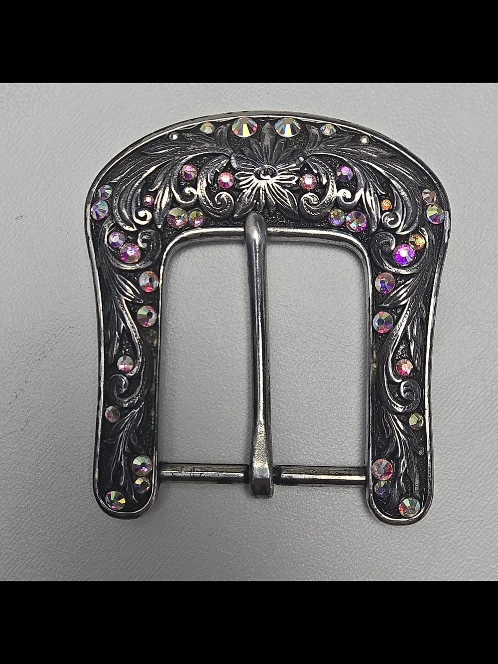 Ariat Silver Floral Western Belt Buckle with Pink/Iridescent Crystals